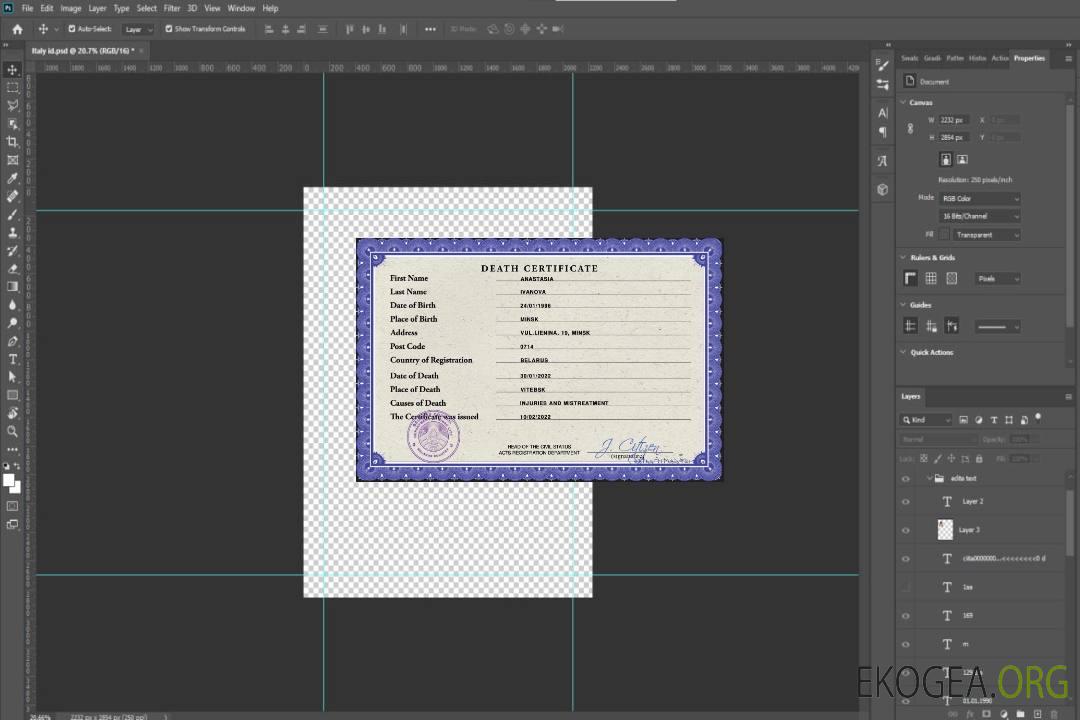Modèle PSD de certificat de décès de l'état civil de Biélorussie template